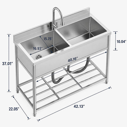 42" x 22" Freestanding Stainless Steel Utility Sink with Pull Down Faucet and Workbench Top, Extra Wide Basin for Laundry Room, Garage, or Workshop