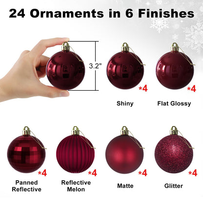 Maroon 3.2" Large Christmas Balls - Christmas Tree Decoration Ornaments Shatterproof Hanging Balls for Birthday Halloween Holiday Wedding Decorations Set of 24pcs