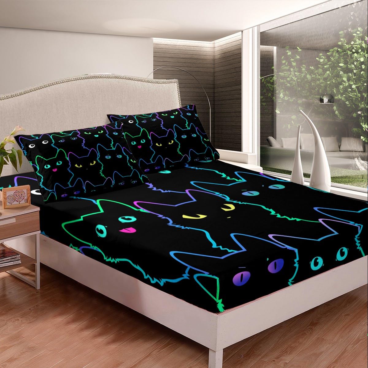 Erosebridal Cute Cartoon Cat Bed Sheets King Kawaii Cats Sheet Set Neon Gradient Animal Bedding Sheets for Kids Boys Girls Teen Lovely Kitten Fitted Sheet + Black Flat Sheet + 2 Pillow Cases