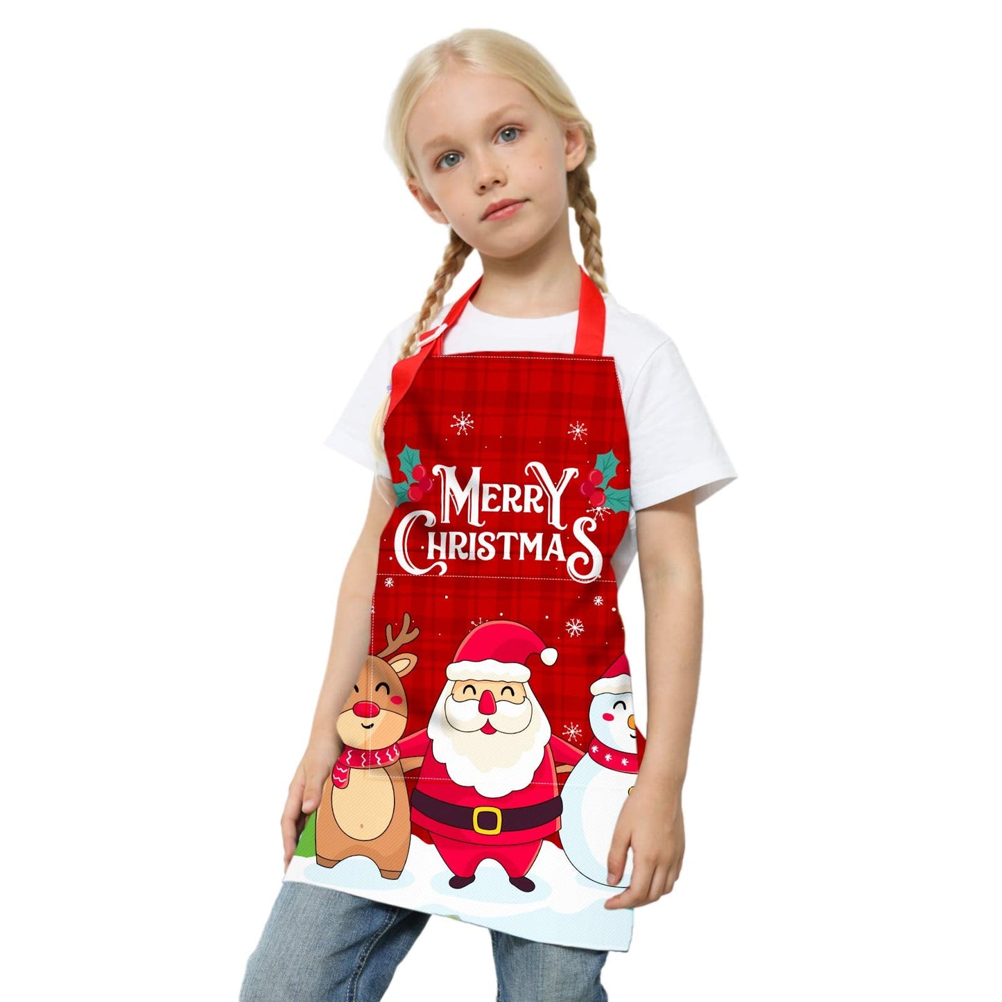 Fiodrimy Kids Apron, Kids Christmas Apron Girls Boys Toddler Unicorn Apron with Pockets Adjustable for Children Cooking Baking School Kitchen Painting (6-12 Years, Christmas Snowman)