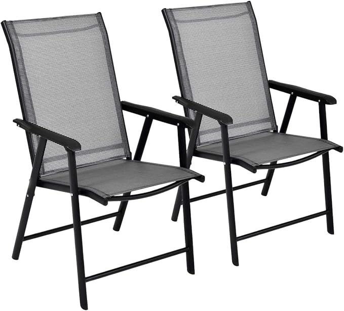 Giantex Set of 2 Patio Folding Chairs, Outdoor Chairs with Armrest, Portable Dining Chairs for Porch Camping Pool Beach Deck Lawn Garden, 2-Pack Patio Sling Chairs, Metal Frame, Grey
