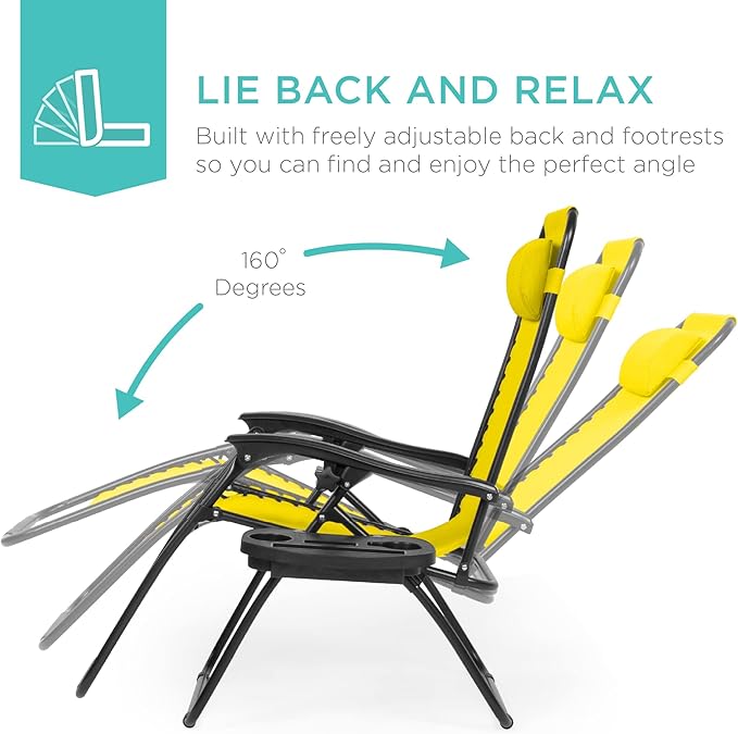 Best Choice Products Set of 2 Adjustable Steel Mesh Zero Gravity Lounge Chair Recliners w/Pillows and Cup Holder Trays - Sunflower Yellow