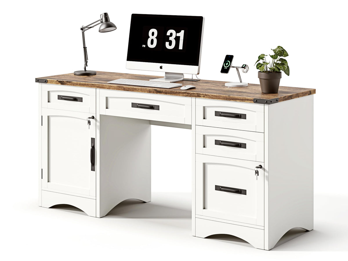 Decofy Farmhouse Executive Desk with Drawers, 55" Home Office Desks with Fast Charging Station, Lockable File Cabinet, Wood Writing Computer Desk for Work, Study, White