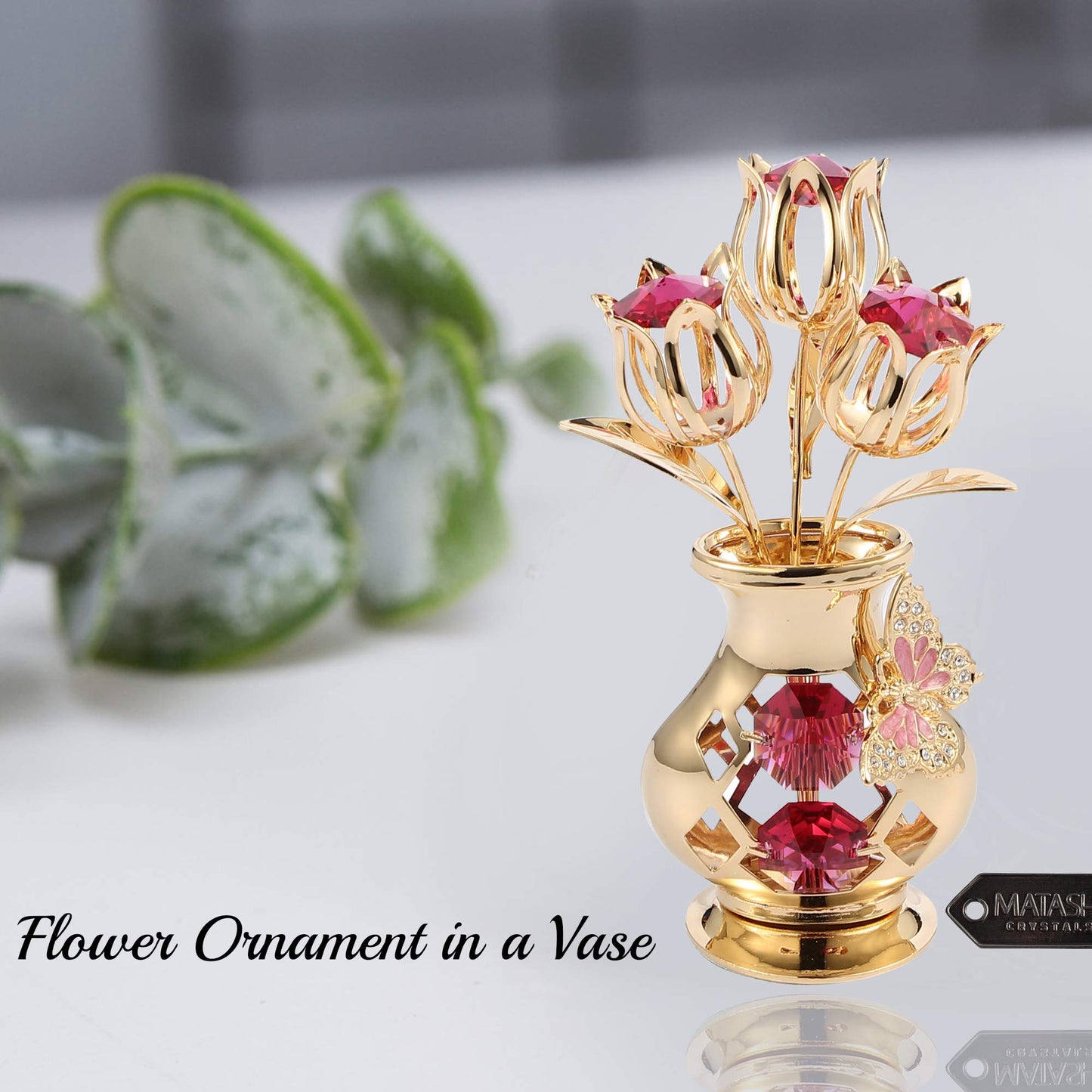 Matashi Crystal Studded 24K Gold Plated Tulip Bouquet in Butterfly Vase – Unique Crystal Flower Figurine for Women, Anniversary, Birthday, and Home Decor Centerpiece