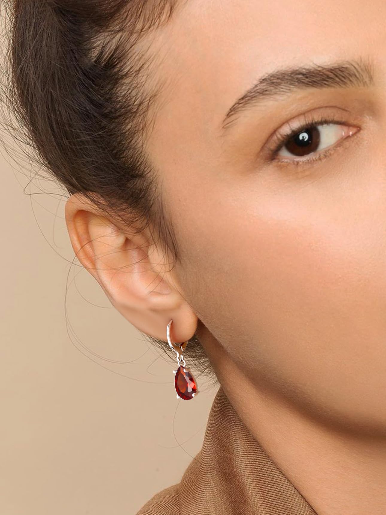 Bestyle Sterling Silver Teardrop July Birthstone Earrings Dangle - Sparkle Ruby Red Drop Earrings for Women Dangling -Small Silver Huggie Hoop Earrings For Women | Trendy CZ Huggie Earrings