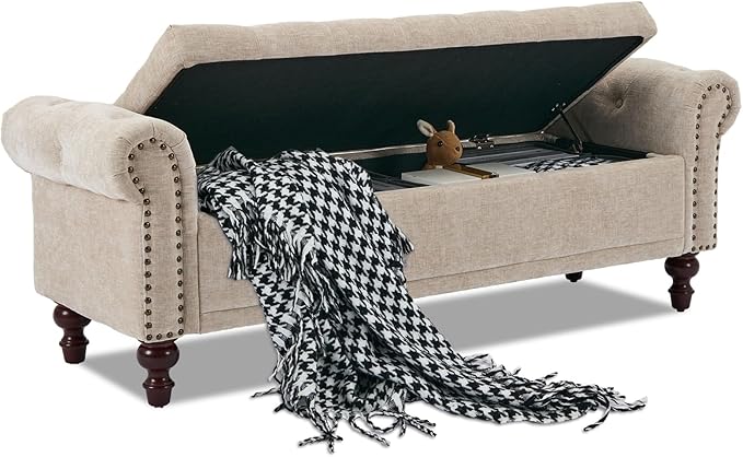 SOFTHION 58.1" Storage Bench Upholstered Chenille End of Bedroom Bed Bench