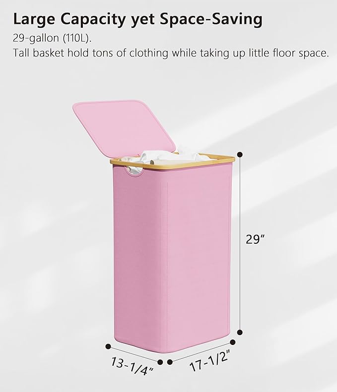 SUOCO Laundry Hamper with Lid, 29 Gal Clothes Basket with Bamboo Handles