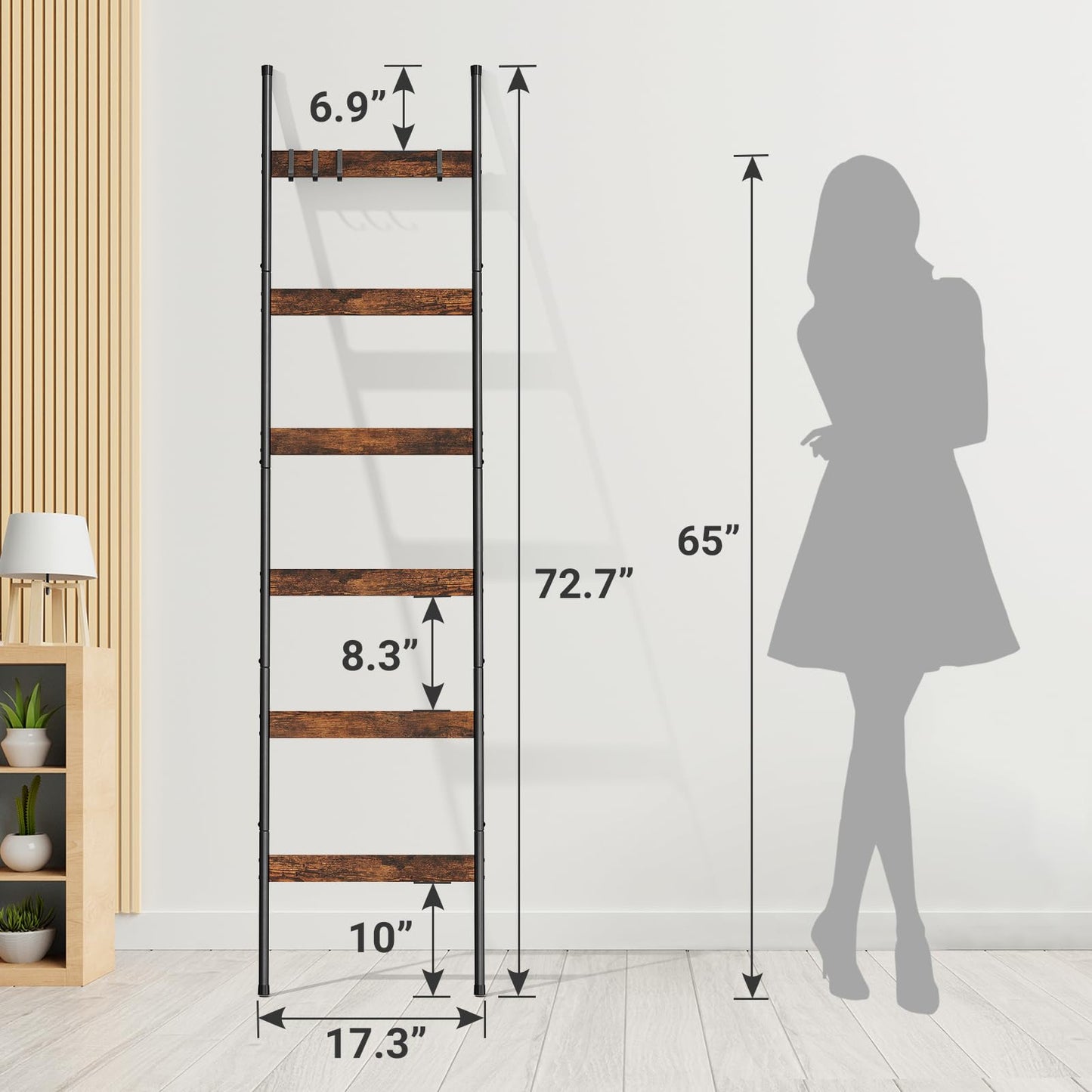 ELYKEN Blanket Ladder for Living Room, Farmhouse 6-Tier Quilt Holder with 4 Removable Hooks for Bathroom, Wood Towel Rack Display, Wall Anchor Leaning Decorative Stand for Home, Rustic Brown
