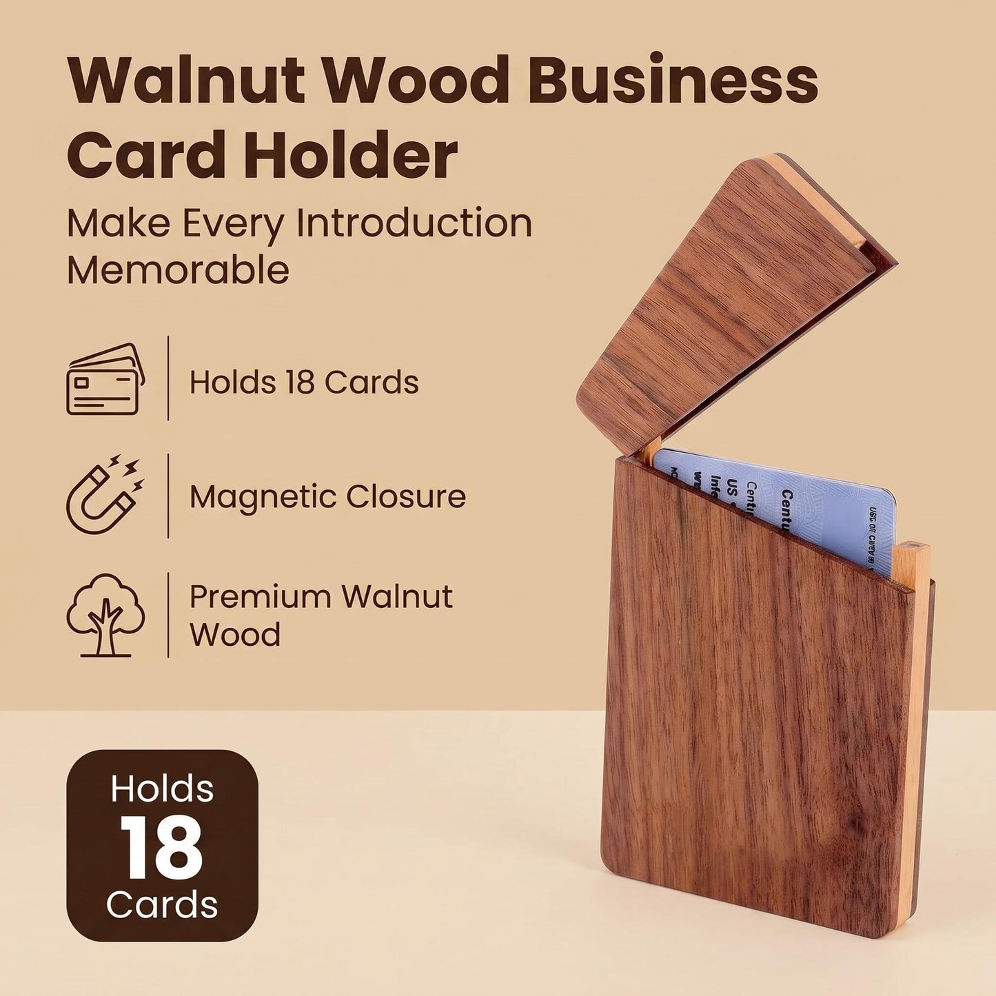 sunking Walnut & Beech Wood Business Card Holder with Magnetic Closure, Handmade Two-Tone Wooden Business Card Case Holds Up to 18 Cards, Executive Gift(Wanlunt -1)