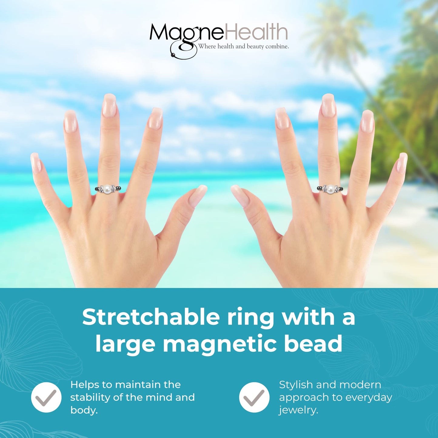 MAGNEHEALTH Black Magnetic Hematite Stretch Ring w/Large White Magnet Bead - Absorbs Negative Energy, Wellness and Balance Jewelry, Unisex Ring, Gift for Men and Women, Stretchable Comfort Fit, Small