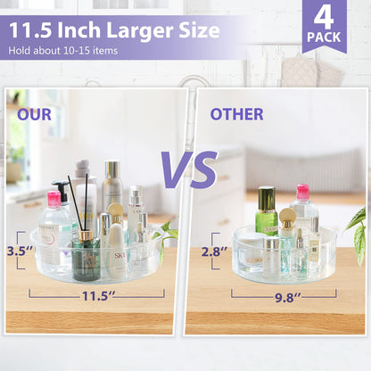4 Pack Lazy Susan Organizer for Cabinet, Upgraded 11.5" Clear Turntable Organizer with Handles and Raised Edge, Rotating Lazy Susan Spice Storage for Kitchen, Pantry, Refrigerator, Bathroom, Table