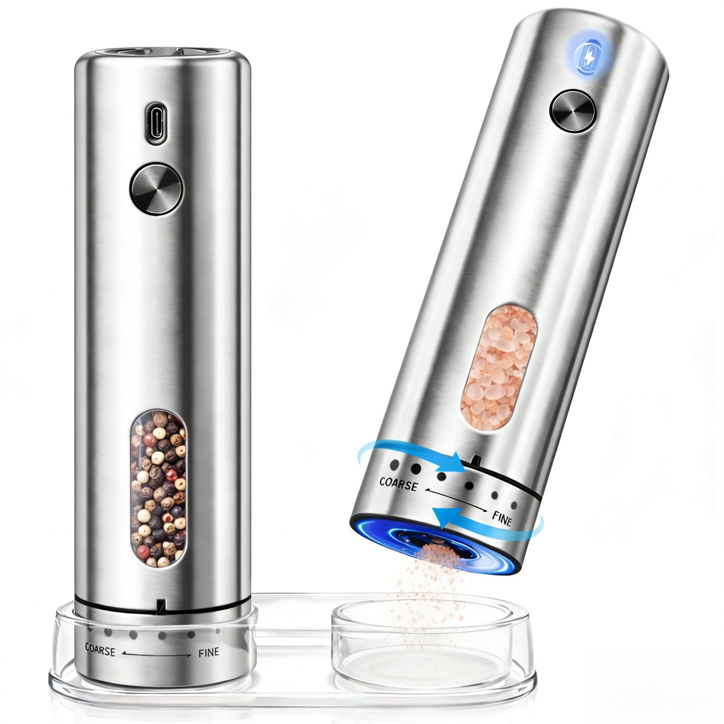 Rechargeable Electric Salt and Pepper Grinder Set with 6 Adjustable Coarseness, Large Capacity, LED Light, Stainless Steel Automatic Pepper Mill - BBQ Accessories, Cooking Gift for Dad, Men Women