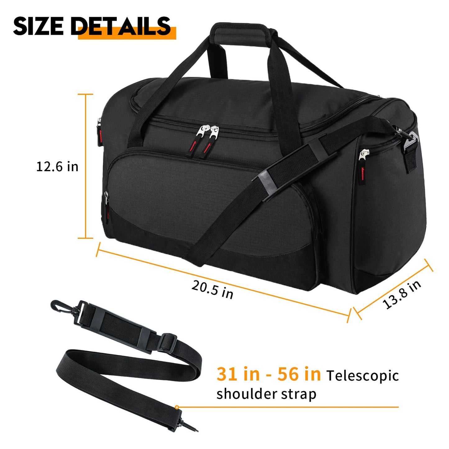 Uarition Gym Bag for Men - 55L Black Durable Large Duffle Bag for Travel, Workout, Fitness & Sport