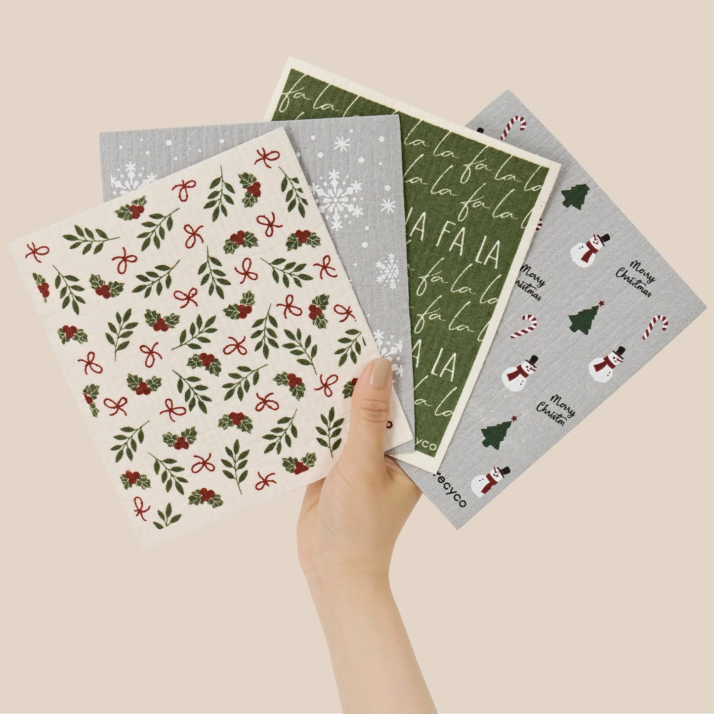 RECYCO 4 Pack Christmas Swedish Dishcloths for Kitchen | Jolly Holiday Washable Dish Towels | Cellulose Reusable Cleaning Paper Towels | Absorbent Counter Dish Cloth Sponge Kitchen Wipes, 7" x 8"