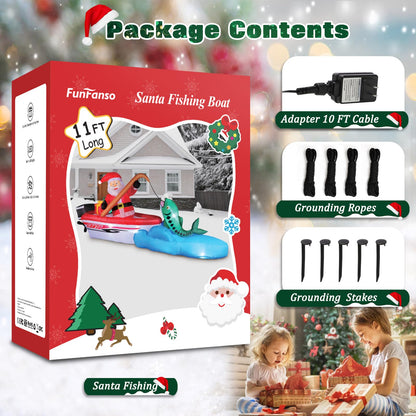 FunFanso 11FT Christmas Inflatable Santa Claus Fishing on The Boat, Blow up Outdoor Decorations with Built-in Bright LED Lights, Vibrant Xmas Festival Decor for Lawn Yard Garden Holiday Party Porch