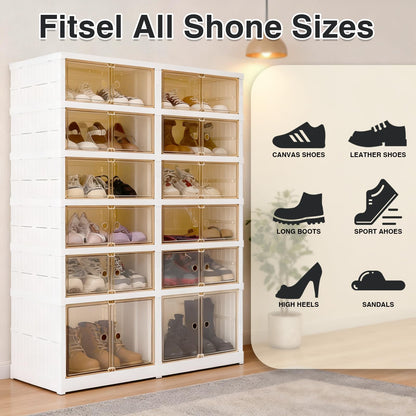 SAYMA Foldable Shoe Rack Organizer, Plastic Collapsible Shoe Storage Cabinet with Door, Easy Assembly Shoe Shelf for Entryway, Clear Stackable Shoe Box (6 Tiers, 24 Pairs)