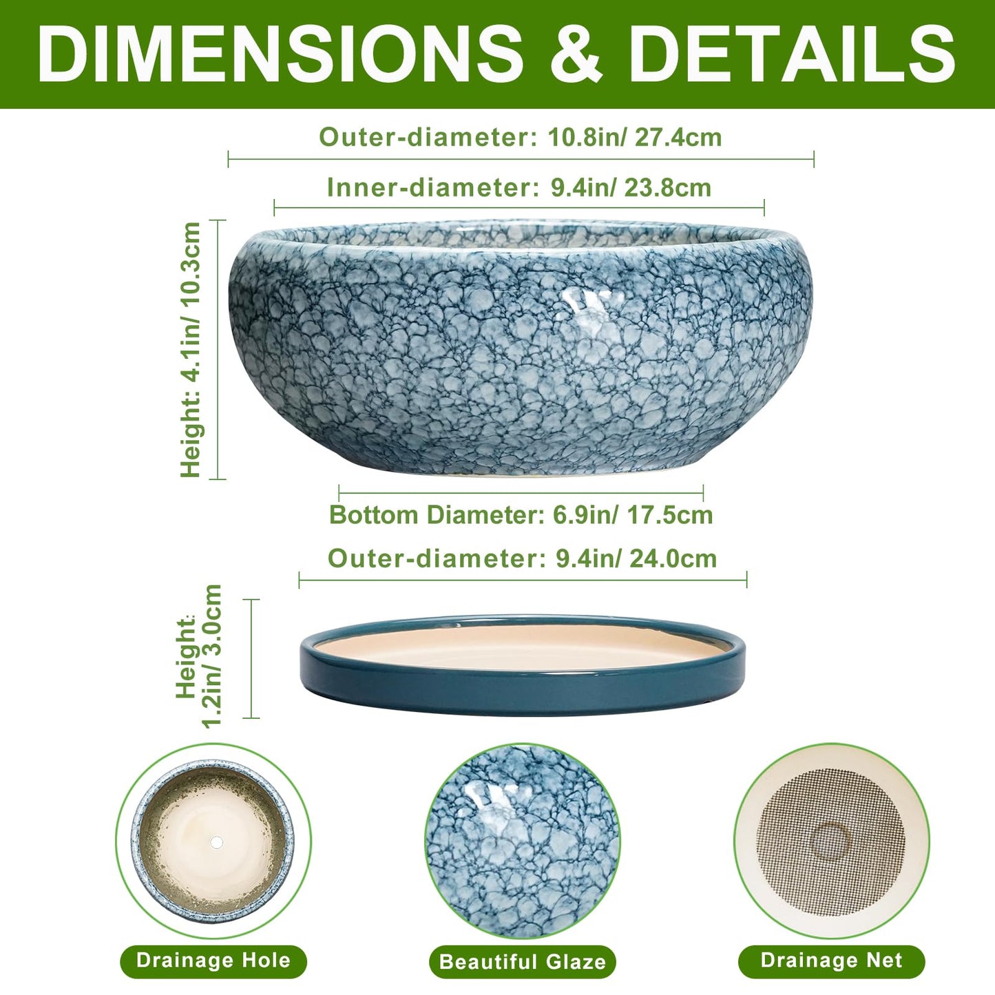 EPFamily Bonsai Pots 10 Inch - Ceramic Succulent Planters with Drainage Hole and Saucer, Succulent Pots for Indoor Outdoor, Shallow Flower Pot, Round Planter, Patio Decor, Housewarming Gifts, Blue