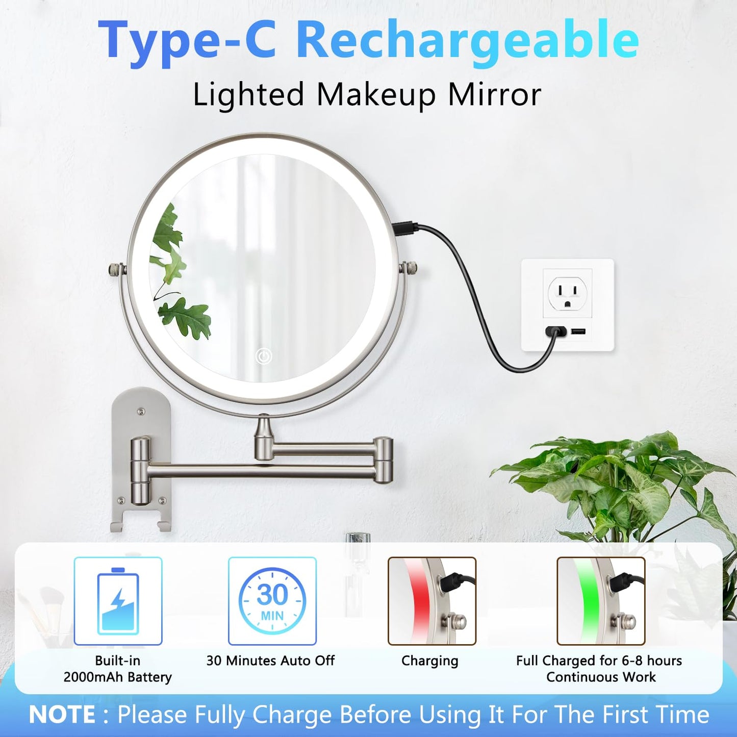 ALHAKIN 9" Wall Mounted Lighted Makeup Mirror, Large Rechargeable 1X/10X Magnifying Mirror with 3 Color Lights Dimmable, 360° Rotation, Nickel