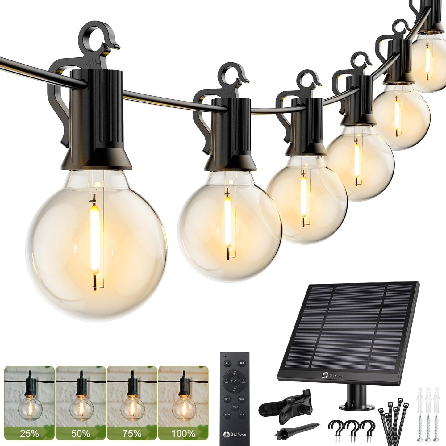 Brightown 58FT Solar String Lights Outdoor with Remote Cable Ties and Hooks, Commercial Grade Patio Lights with 26 LED Shatterproof Bulbs, 3 Light Modes Hanging Light for Backyard Party Decor