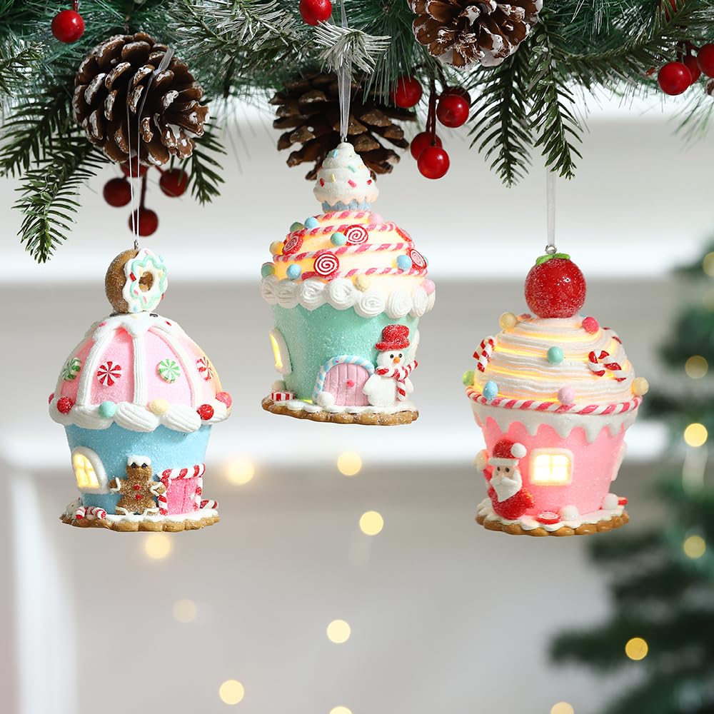 3Pcs Macaron Gingerbread House Ornaments for Christmas Tree, Lighted LED Clay Candy House Hanging Ornaments with Rope for Xmas Holiday Party New Year Home Decor