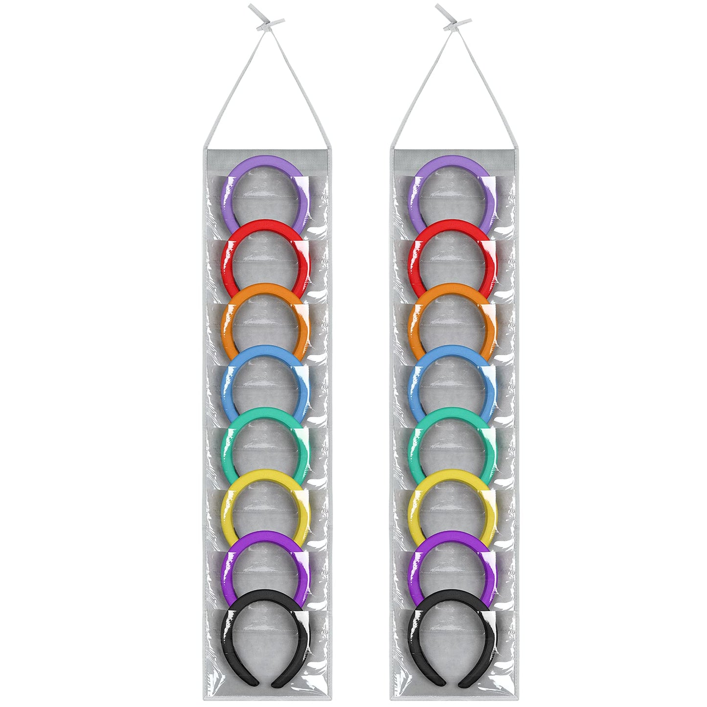 Shappy 2 Pcs Headband Organizer for Women Hanging Headband Holder with 16 Clear Pockets Headphone Storage Classroom for Cell Phones Calculator Hair Accessory(8.7 inches,Gray)