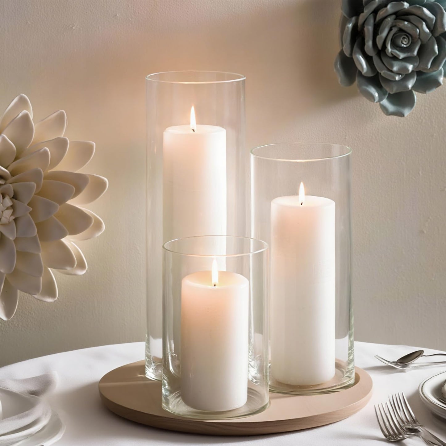 FFUW 24 Pcs White Pillar Candles with Glass Candle Holder Hurricane Glass Candle Holders Clear Cylinder Vases for Centerpieces Wedding Office Party Home Table Decor