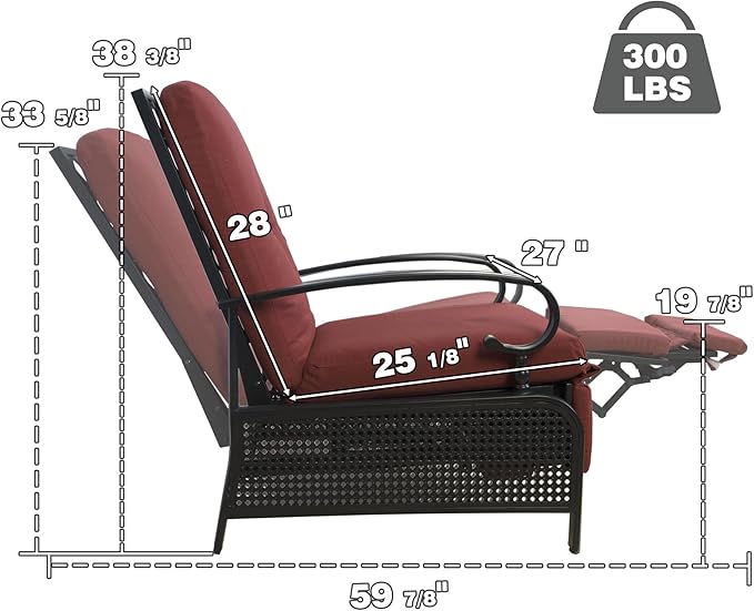 Kozyard Adjustable Outdoor Reclining Lounge Chair, Cushioned Patio Chaise Lounge with Extendable Metal Frame for Sunbathing, Reading & Relaxing – Comfortable Outdoor Recliner(Burgundy)