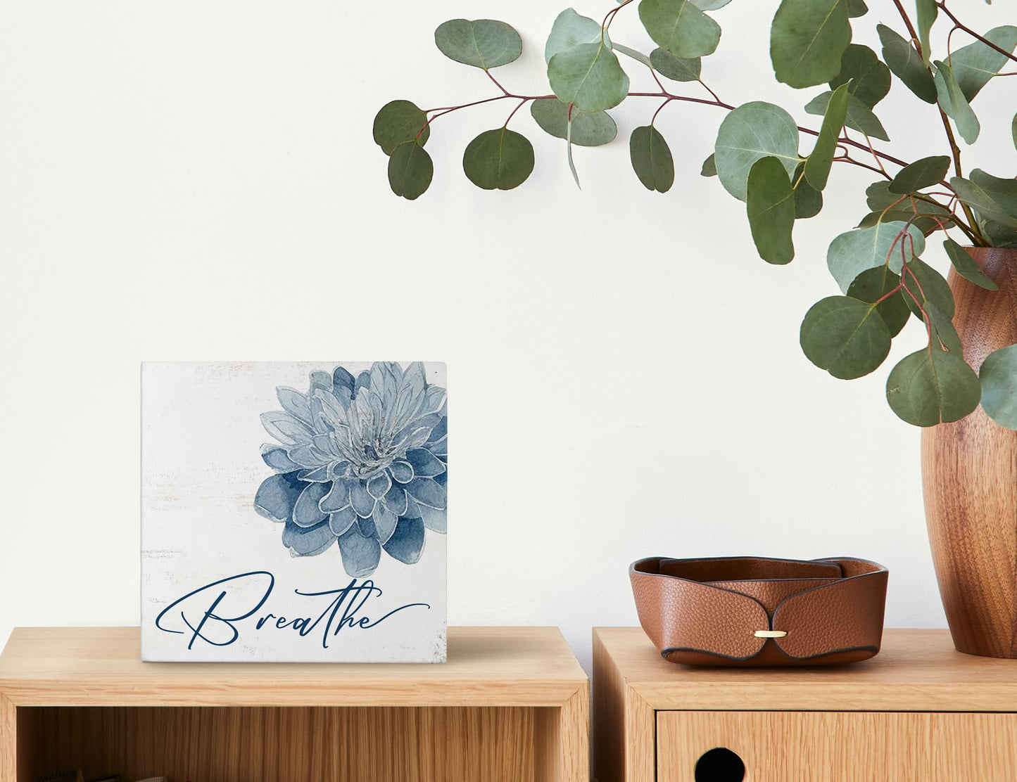 Mtrgdn Blue Bathroom Decor,Spa Bathroom Decor and Accessories,Breathe Blue Flower Wooden Box Sig for Home Spa Room Beauty Salon Decoration,5X5 Inch