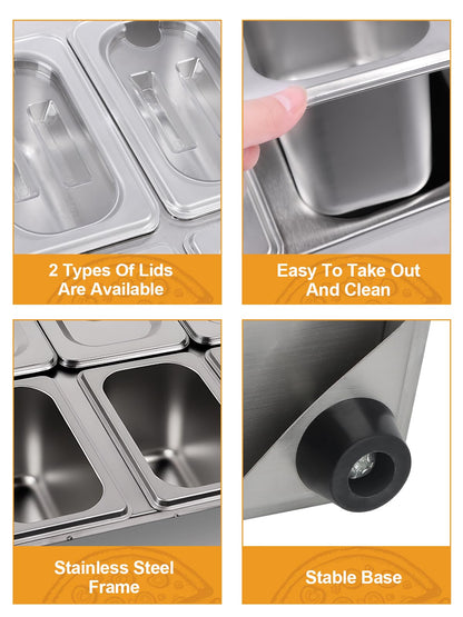Lanstics Pizza Topping Station 10 Pans Pizza Storage Container Topping containers with Lids Spoon Condiment Organizers Buffet Containers Set for Restaurant Pizza Sauce Jam Fruit Ingredient