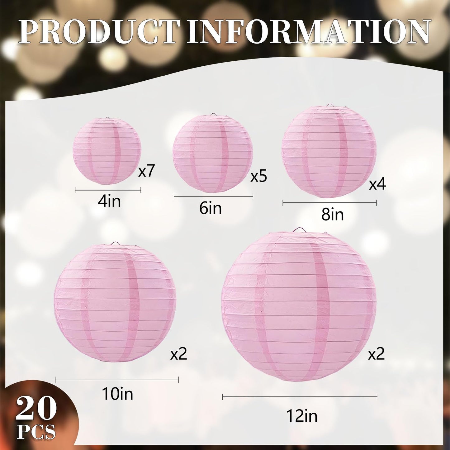 20Pcs Pink Paper Lanterns for Parties, 6” 8” 10” 12” Chinese Asian Hanging Round Paper Lanterns for Birthday Wedding Halloween Christmas Home Decor Party Decor