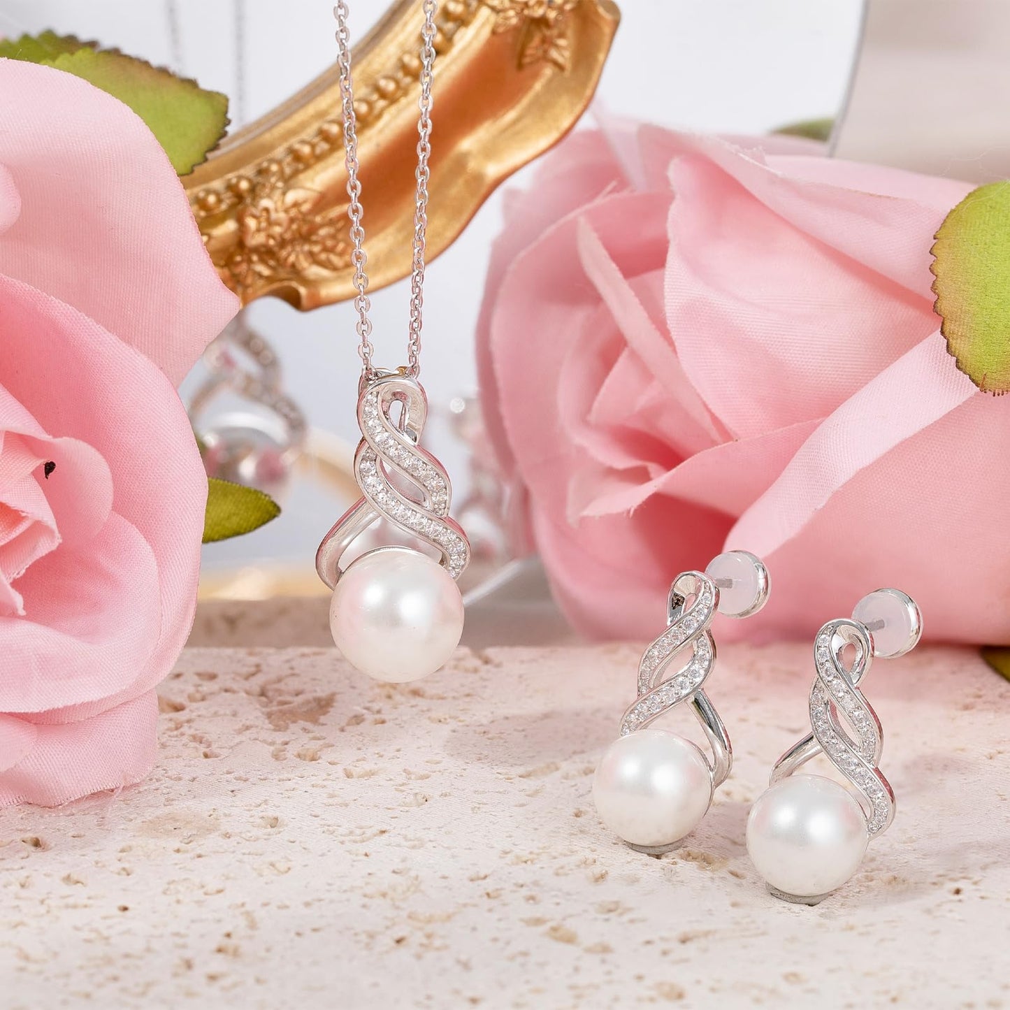 LOIPURI Pearl Necklace and Earring Set for Women - 925 Sterling Silver Pearl Jewelry Set Rhodium/Gold Plated Anniversary Birthday Gifts Packaged in Preserved Rose Box