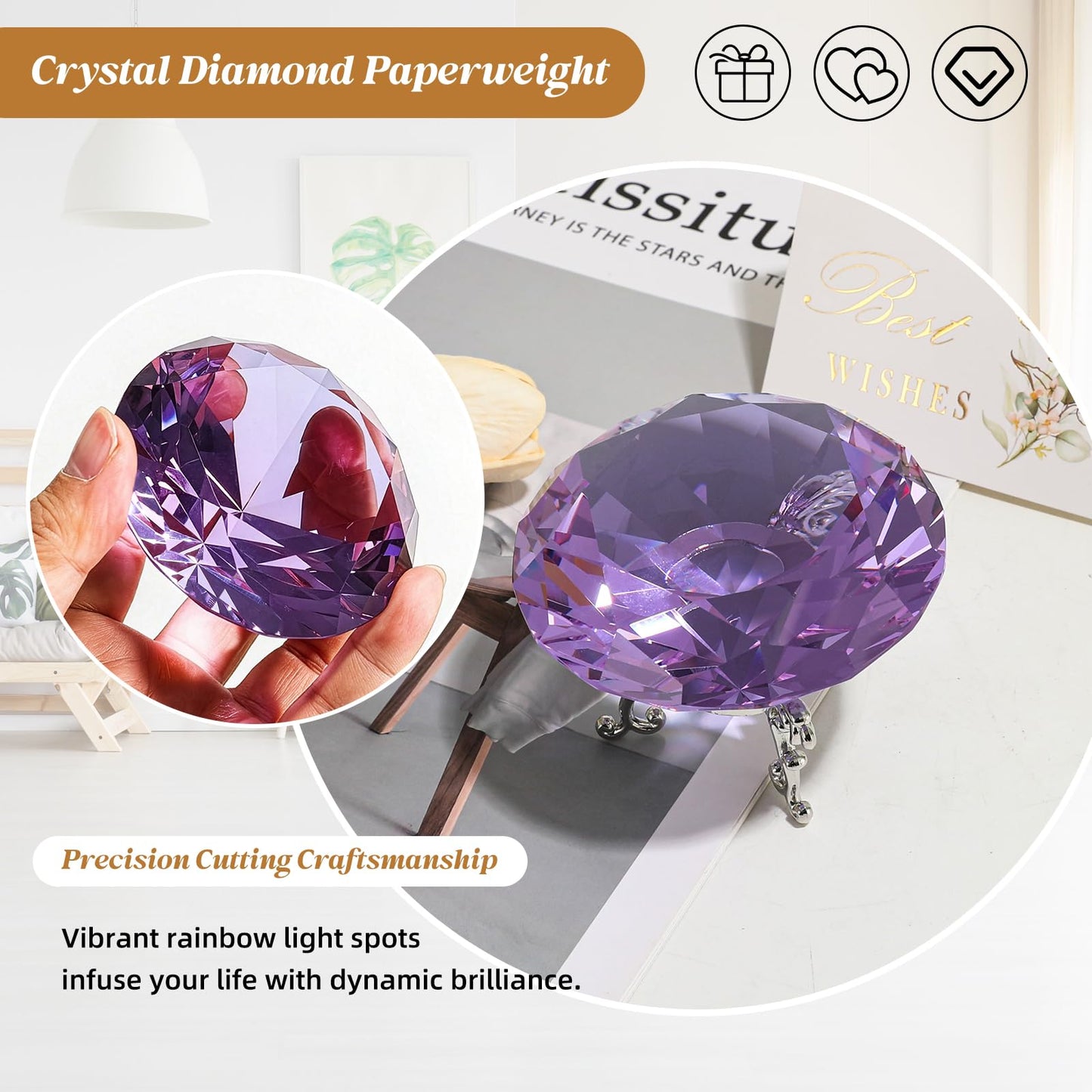 MysticGlitz Purple Crystal Diamond Centerpiece, 3.15 Inch Large Fake Diamond Prism with Silver Base for Wedding Table Decor Home Decoration Glass Jewel Rainbow Effect