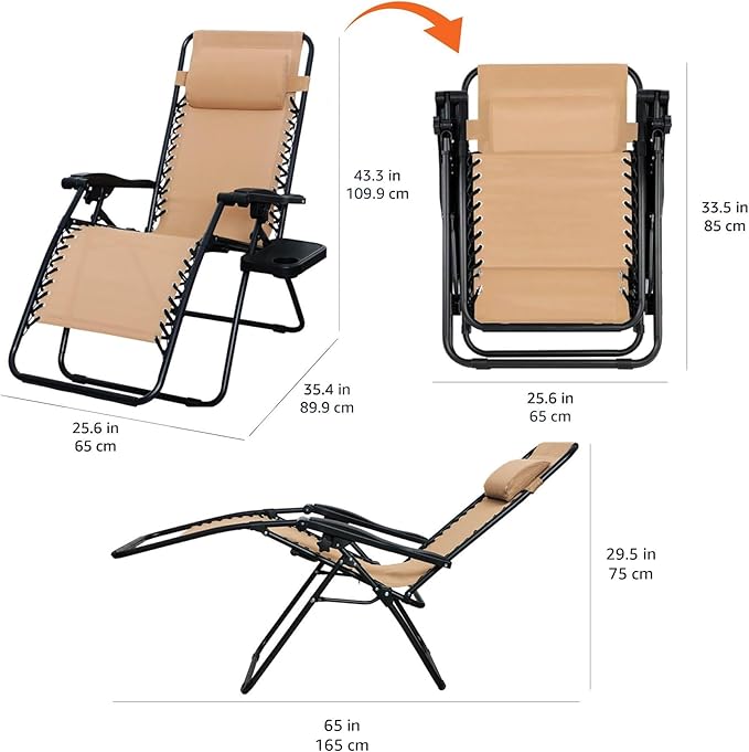 Amazon Basics Outdoor Textilene Adjustable Zero Gravity Folding Reclining Lounge Chair Set with Cup Holder, Side Table, Headrest, Weather-Resistant, 35 x 26 x 43 inches, Beige, 2-Pack