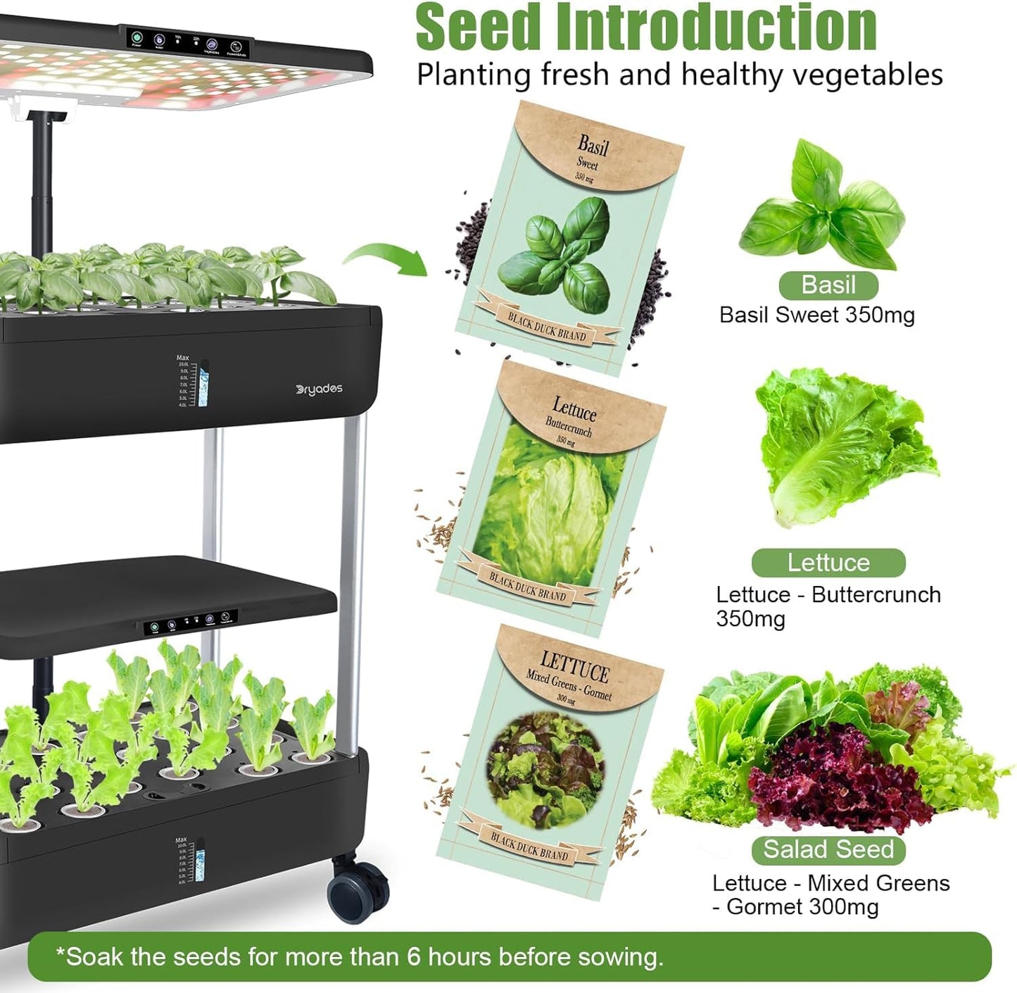 44 Pod Hydroponic Indoor Garden System Black, 2 Tier Growing Kit with LED Grow Light, 10L Tank, Includes Seed Starter Kit