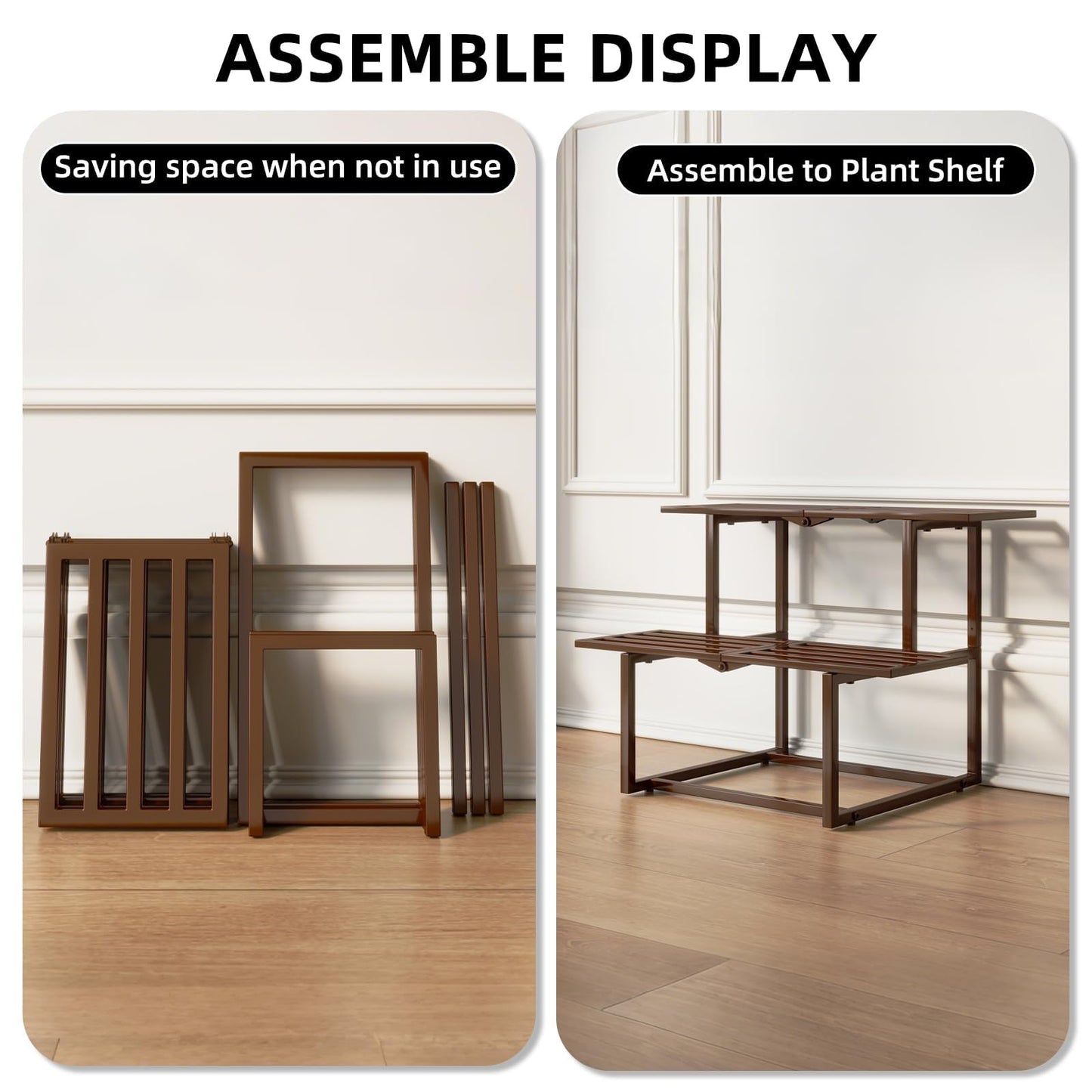 Rioneta Plant Stand Indoor Outdoor, Foldable Metal Plant Shelf for Multiple Pots, Mid Century Slatted Bench for Patio Garden, Heavy Duty Capacity 330 lbs 2 Tier Coffee
