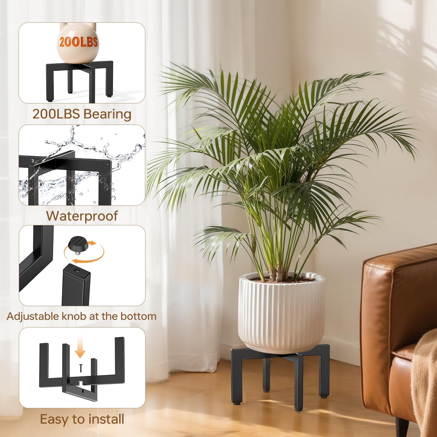 JND Adjustable Plant Stand Indoor Outdoor,Metal Modern Plant Stands, Plant Stand with Adjustable Feet,Low Short Plant Stands,Fit 8-12 inch Pots,Black (Pot & Plant Not Included)