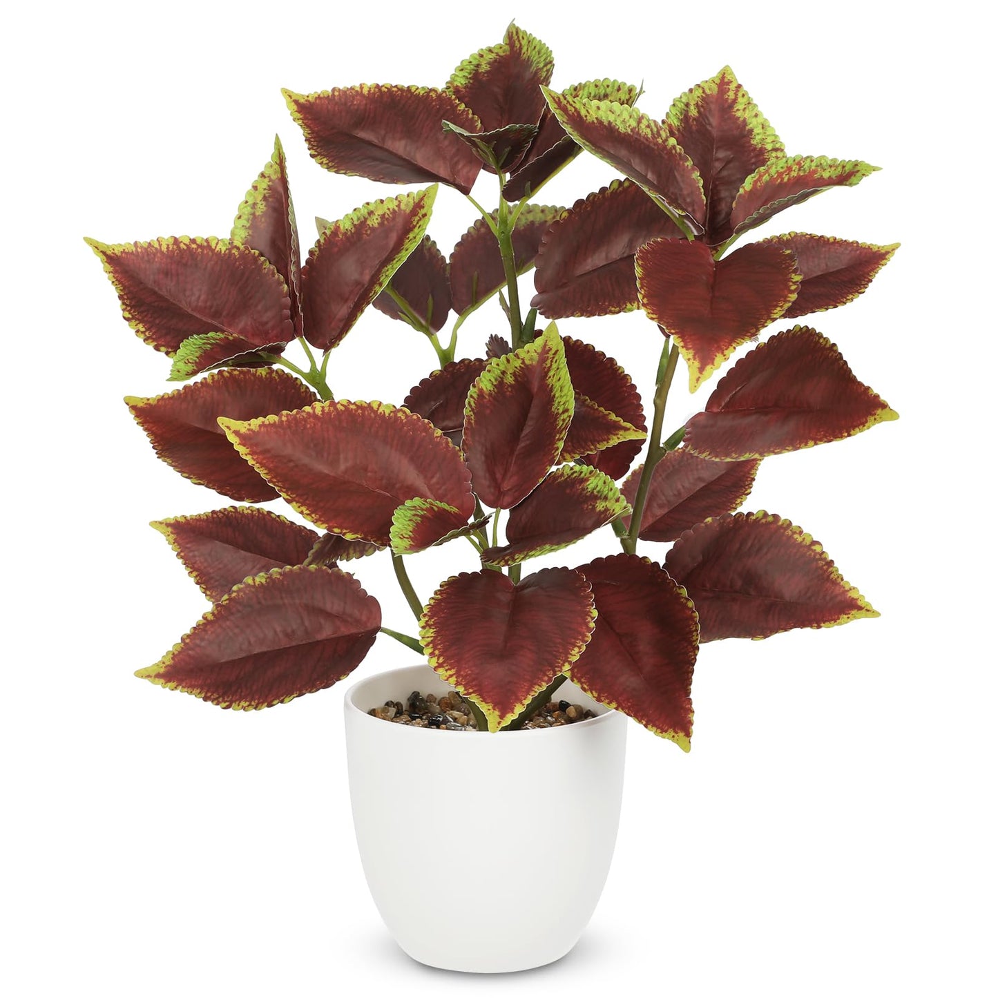 Artificial Plants Indoor 14.2" Small Fake Perilla Plant in Pot Potted Plants Artificial Decor Faux House Plant with White Pot for Farmhouse Home Office Bathroom Living Room Table Shelf Decor