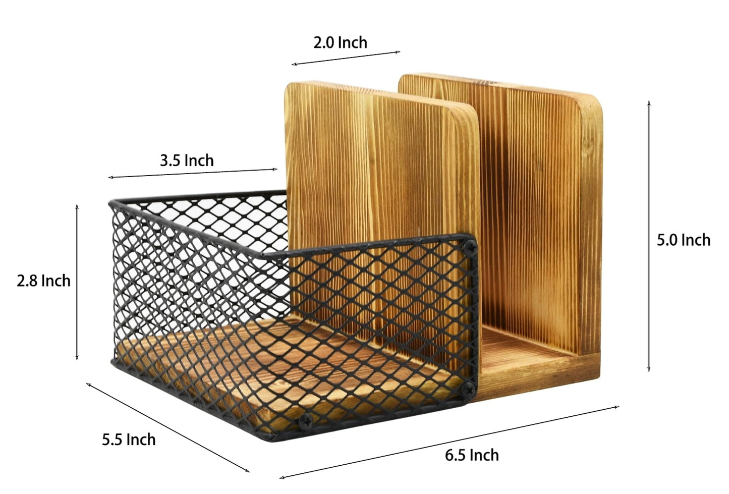 Rustic Burnt Wood Napkin Holder with Black Metal Mesh Spice Rack – 2-in-1 Farmhouse Style Napkin and Condiment Organizer for Kitchen or Restaurant, 5.5” x 6.5” x 5”