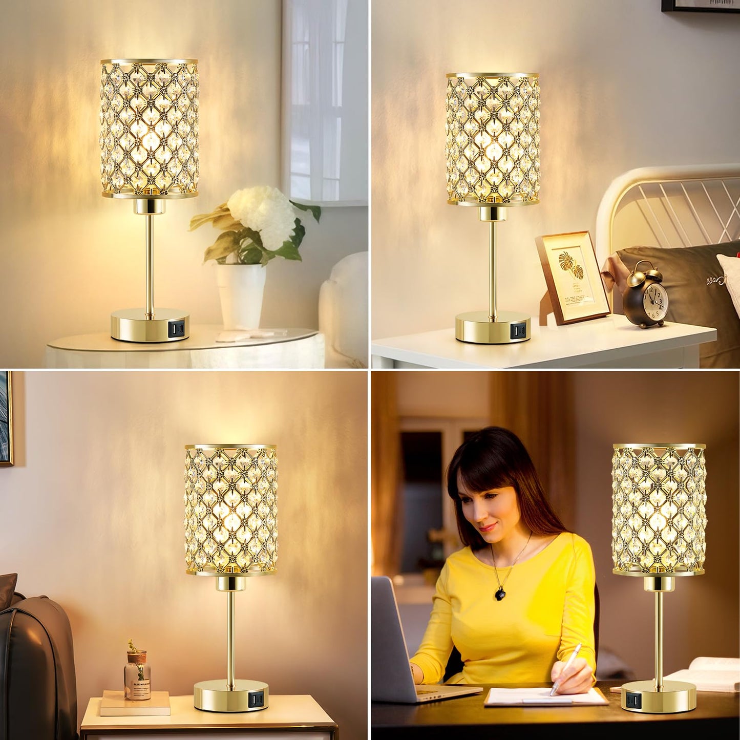 GyroVu Crystal Table Lamp, Gold Touch Lamp for Nightstand with USB C+A Ports, Dimmable Lamp with Crystal Shade, Bedside Lamp Small Lamp for Bedroom, Living Room(Buld Included)