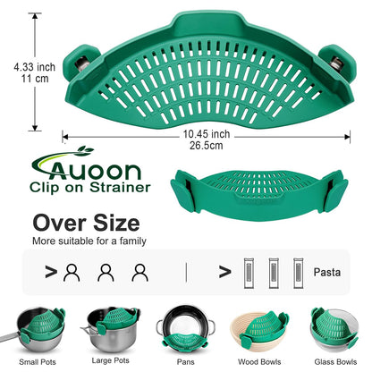 AUOON Clip On Strainer Silicone for All Pots and Pans, Pasta Strainer Clip on Food Strainer for Meat Vegetables Fruit Silicone Kitchen Colander