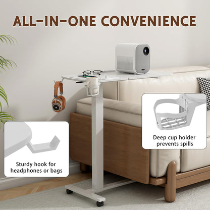6 In 1 Overbed Bedside Table with Wheels, 32'' Long 90° Medical Adjustable Tilt Hospital Bed Table, Standing Desk with Charging Station Cup Holder Hook, 30''-43'' Height Home Hospital Office (White)
