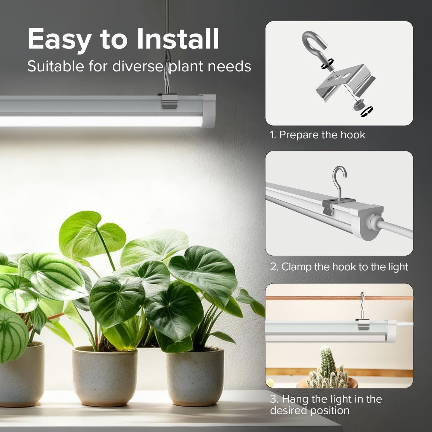 SANSI Grow Lights for Indoor Plants, 25W Plant Lights for Indoor Growing, 2FT 4000K Full Spectrum, T8 LED Grow Light Strips with 4-Level Dimmable, Auto On Off 4 8 12 Hrs Remote Control, IP54, White