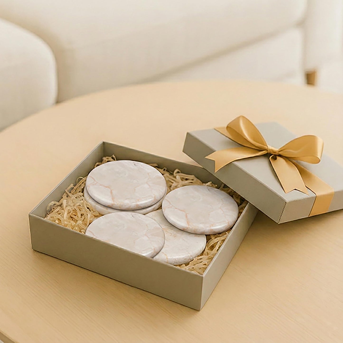 Creative Home Natural Champagne Marble Drink Coasters Set for Table Protection, Luxury Stone Beverage Coasters for Coffee Table, Kitchen, Dining Room and Bar