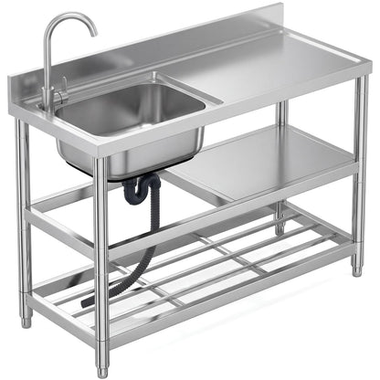 Free Standing Stainless-Steel Single Bowl Commercial Restaurant Kitchen Sink Set w/Faucet & Drainboard, Prep & Utility Washing Hand Basin w/Workbench & Double Storage Shelves Indoor Outdoor (47in)