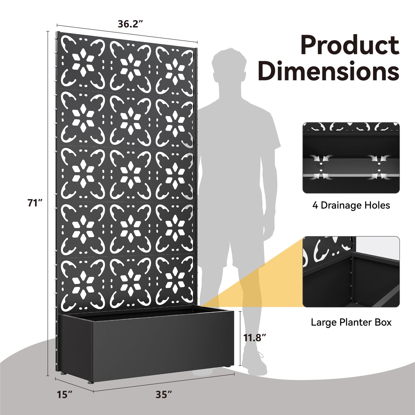 Bevivog Outdoor Privacy Screen with Planter Box, 71"x36" Freestanding Metal Privacy Planters for Patio Garden Metal Planter Box with Trellis, Outside Privacy Fence with Planter for Climbing Plants