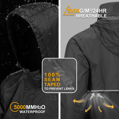 Outdoor Ventures Rain Jacket for Men Waterproof Pullover Lightweight Hooded Outdoor Raincoat Packaway Breathable Reflective Anorak Jacket for Travelling, Camping, Running, Hiking, Black L