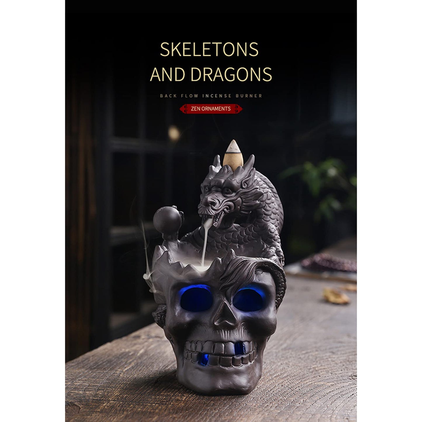 Romehaha Dragon Waterfall Incense Holder - Ceramic Backflow Burner with Skull Head, Zen Meditation Decor for Home, Bedroom, Yoga Studio - Unique Dragon Statue Gift for Aromatherapy & Relaxation