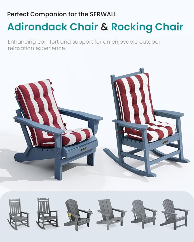 SERWALL HDPE Outdoor Rocking Chair Cushion Set of 2, Memory Foam Cushion Red White