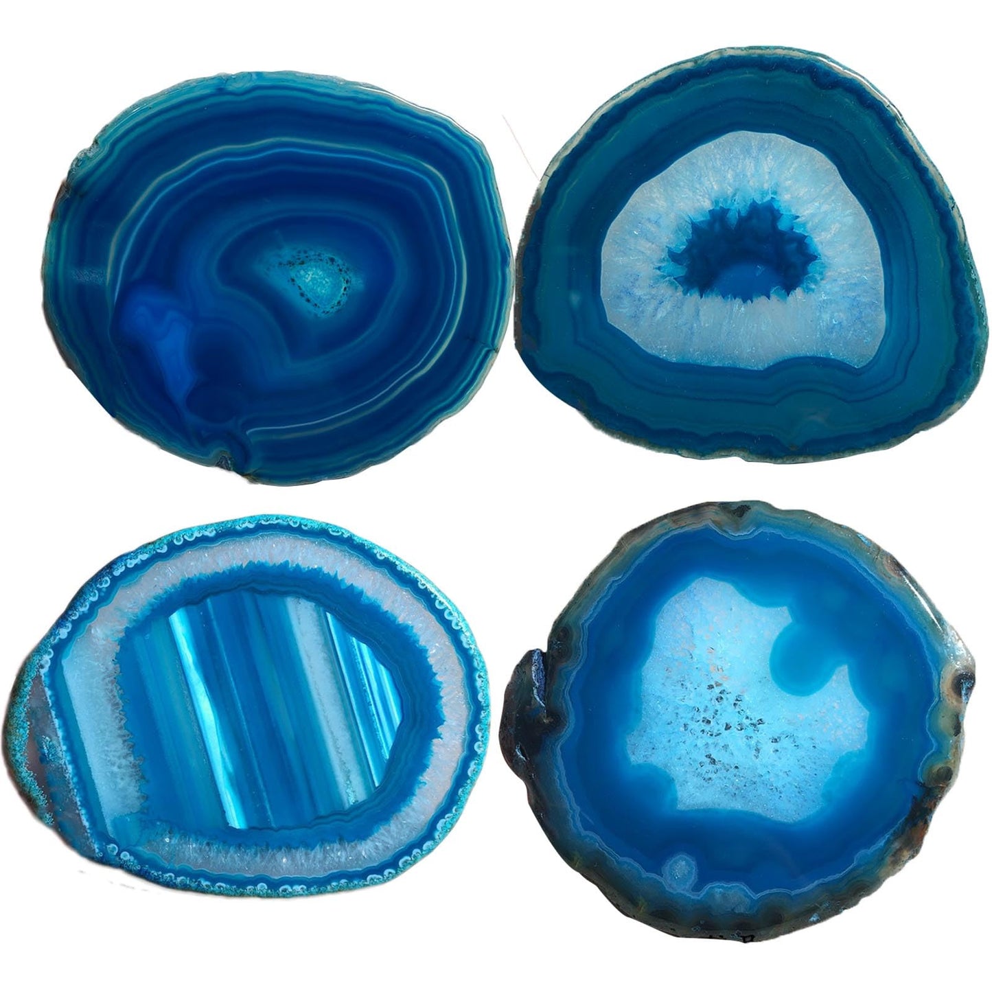 AMOYSTONE Teal Agate Coasters for Drinks - Set of 4 Geode Crystal Quartz Rock Slices With Rubber Bumpers 3-3.5"
