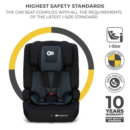 Kinderkraft Safety FIX2 I-Size 76-150 cm Car Seat, 15 Months - 12 Years, Booster Child Seat, Isofix, Top Tether, Adjustable Headrest, Group 1-2-3, 5-Point Safety Harness, Modular Insert, Black